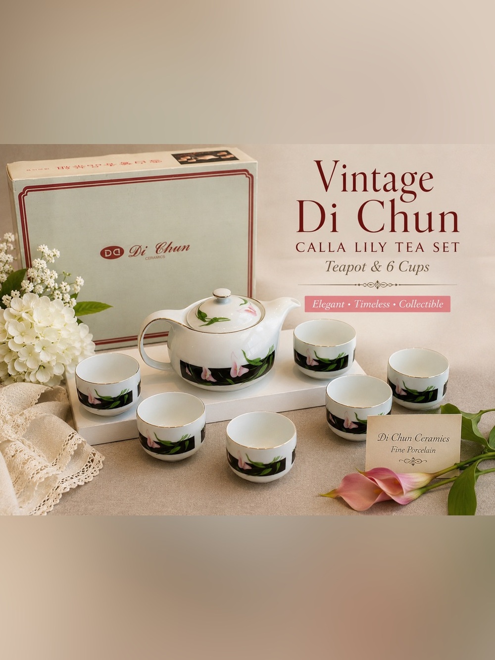 Vintage Di Chun Ceramics Calla Lily Tea Set - Teapot & 6 Cups with Original Box